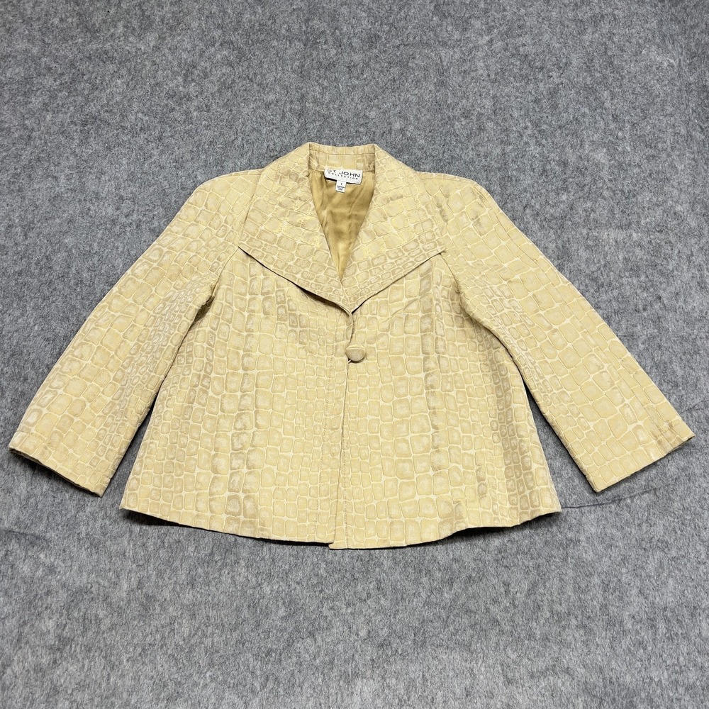 St John Collection Jacket Womens Size 4 Beige Croc Textured Blazer Silk Lined